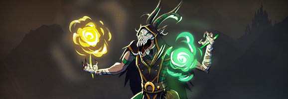 A skeletal warlock wielding twin spells